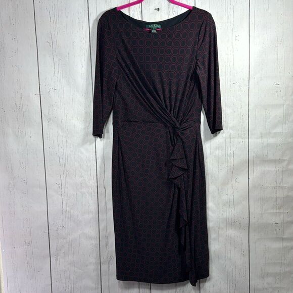 Lauren Ralph Lauren Knot Ruffle Ruched Black Burgundy 3/4 Sleeves Midi Dress - Picture 6 of 15